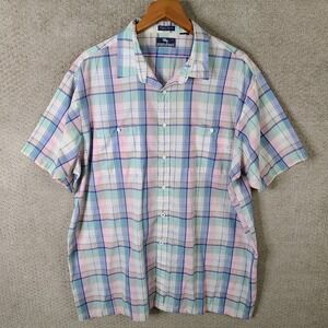 Vintage Steeplechase Shirt Men 2XT Pink Blue Plaid Short Sleeve Button Up Pastel